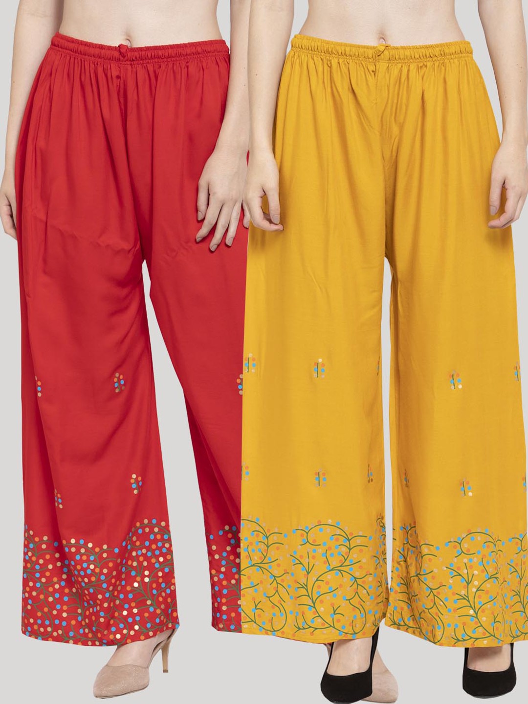 

Clora Creation Women Pack of 2 Red & Mustard Printed Knitted Palazzos