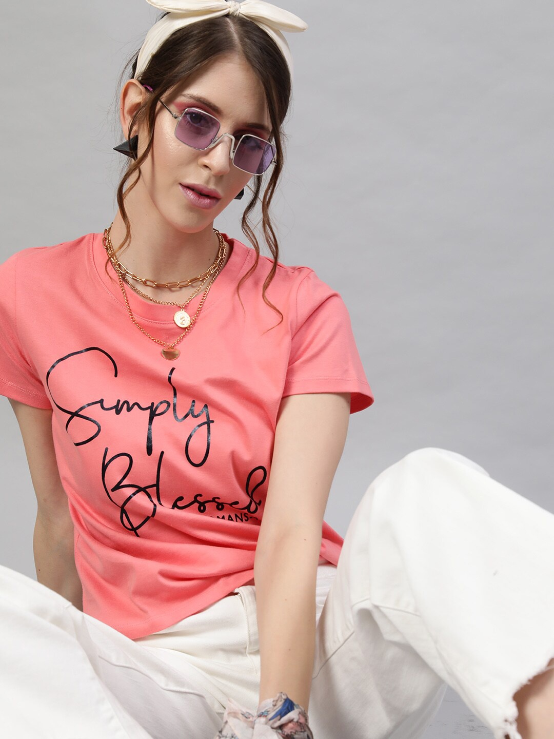 

STREET 9 Women Pink Typography Printed Pure Cotton T-shirt