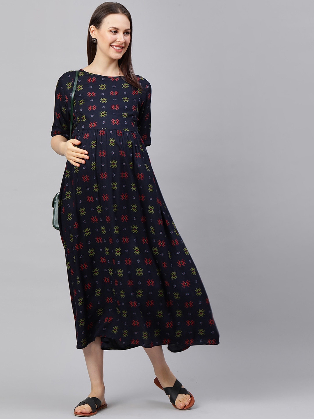 

Mom To Be Women Navy Blue A Line Printed Midi Maternity Nursing Dress