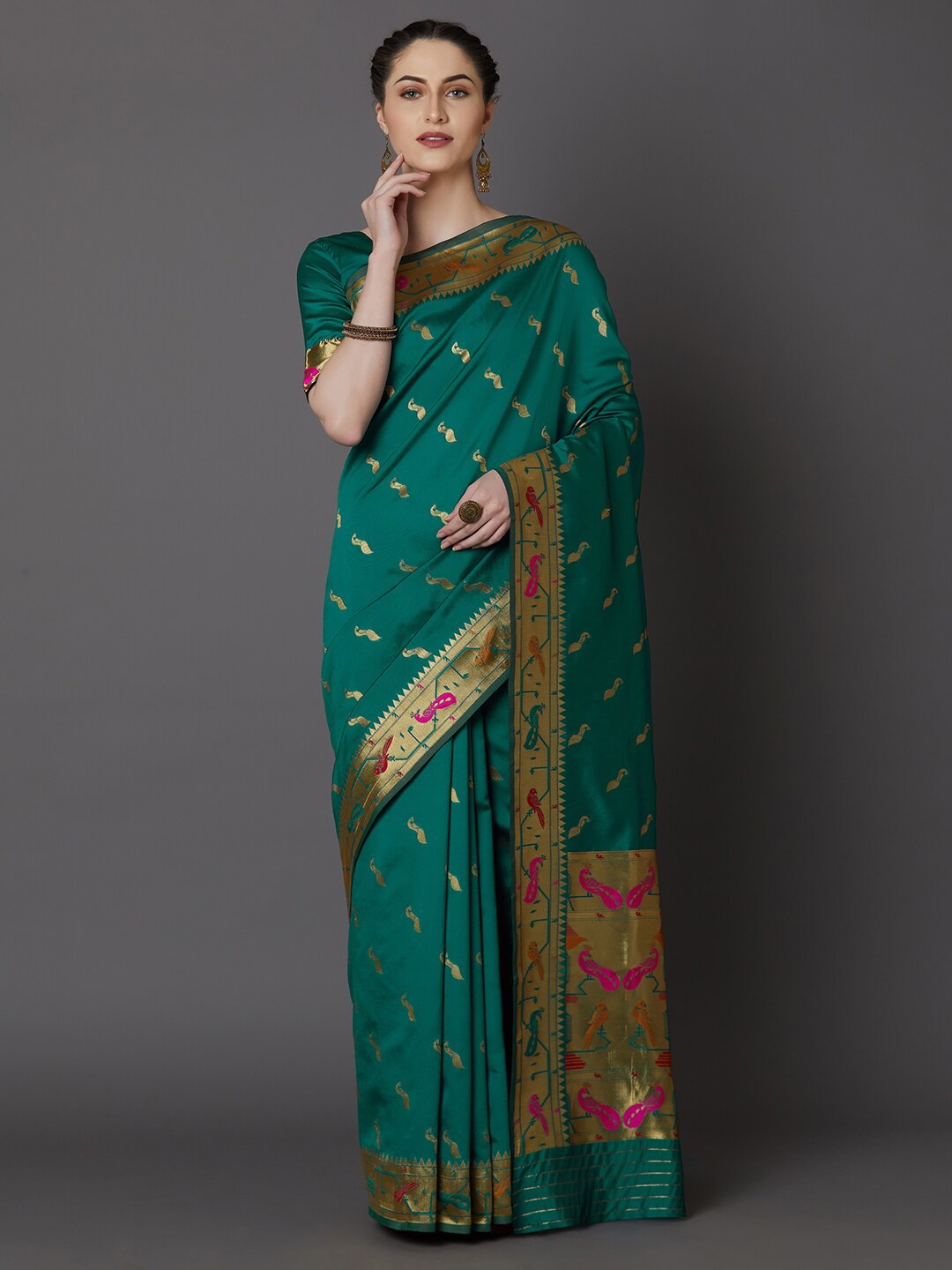 

Mitera Teal Green & Gold-Toned Woven Design Zari Silk Blend Saree