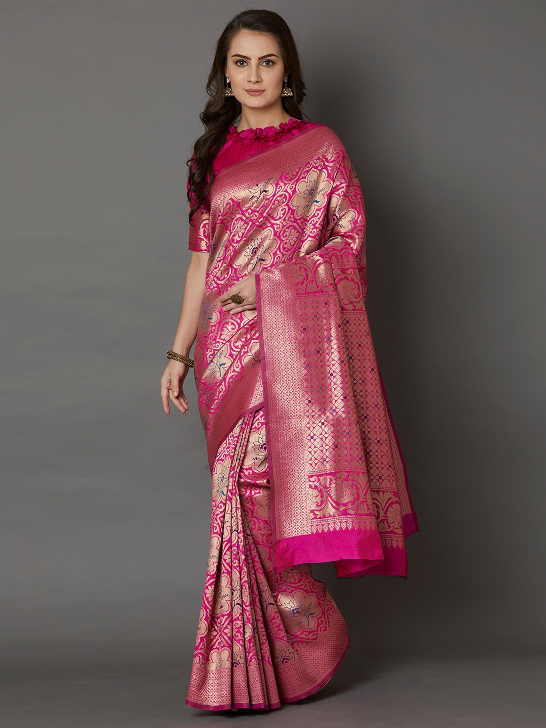 

Mitera Pink Woven Design Zari Silk Blend Banarasi Saree