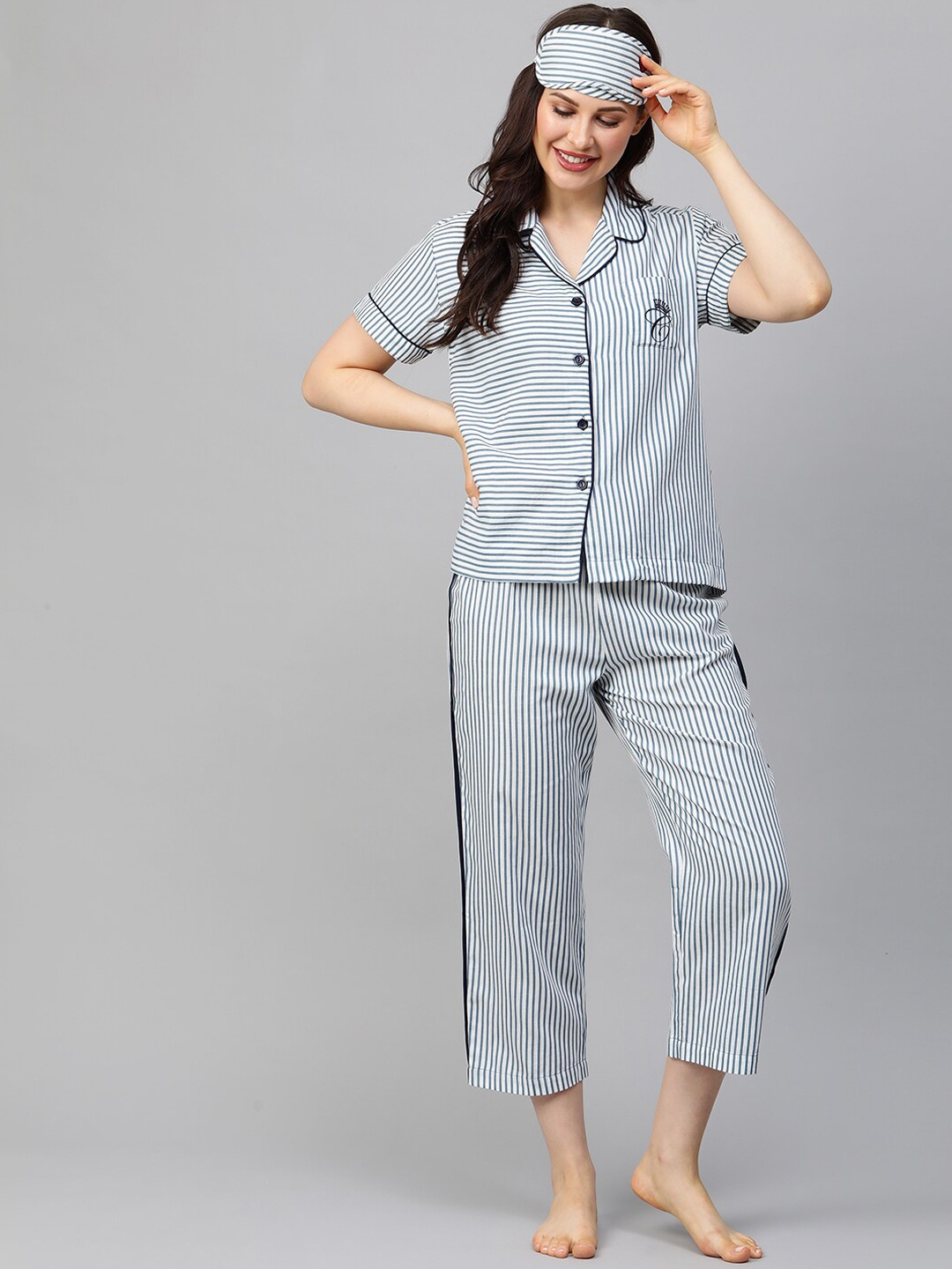 

Chemistry Women Teal Blue & Off White Striped Pure Cotton Night Suit With Eye Mask