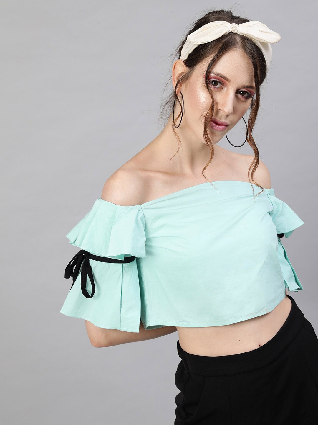 

STREET 9 Women Sea Green Solid Off-Shoulder Regular Crop Top