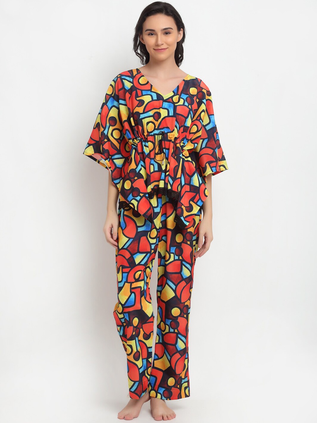 

EROTISSCH Women Red & Blue Printed Kaftan Night suit
