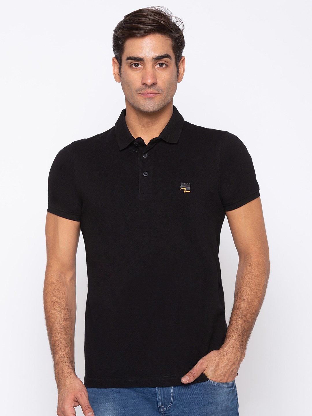 

SPYKAR Men Black Polo Collar Applique Slim Fit T-shirt