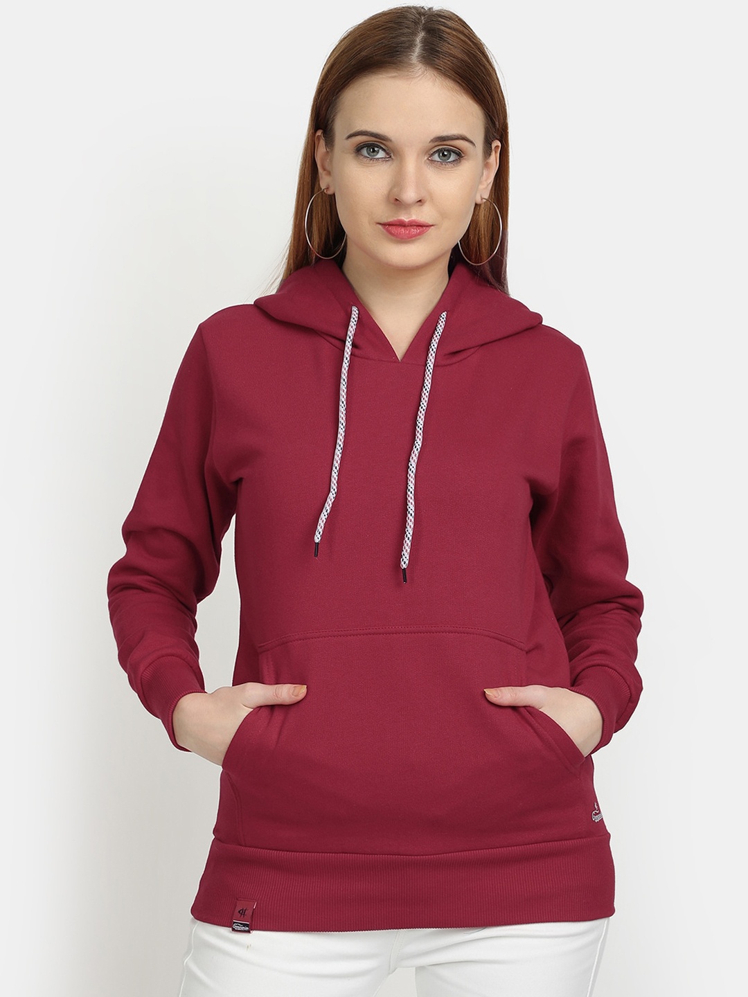 

PICOT Women Maroon Solid Hooded Sweatshirt Top