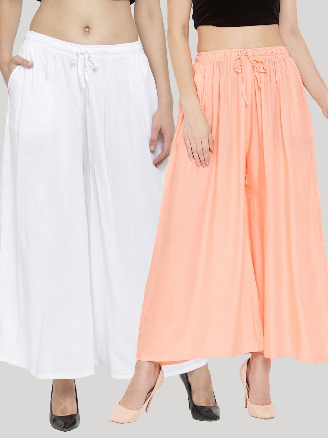 Clora Creation Women White & Peach-Coloured 2 Knitted Palazzos