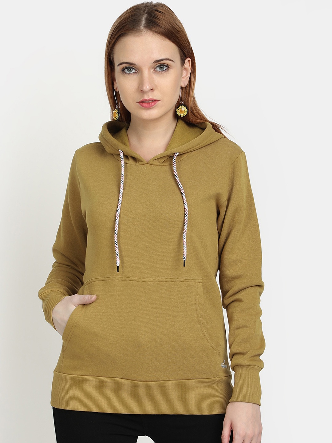 

PICOT Women Mustard Yellow Hooded Sweatshirt