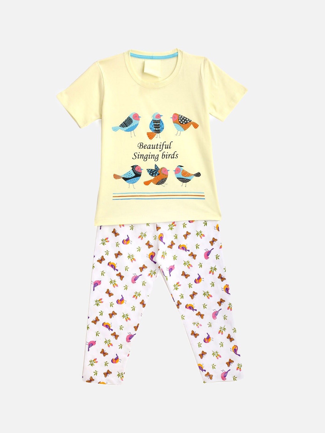 

KIDSCRAFT Girls Yellow & White Printed Night suit