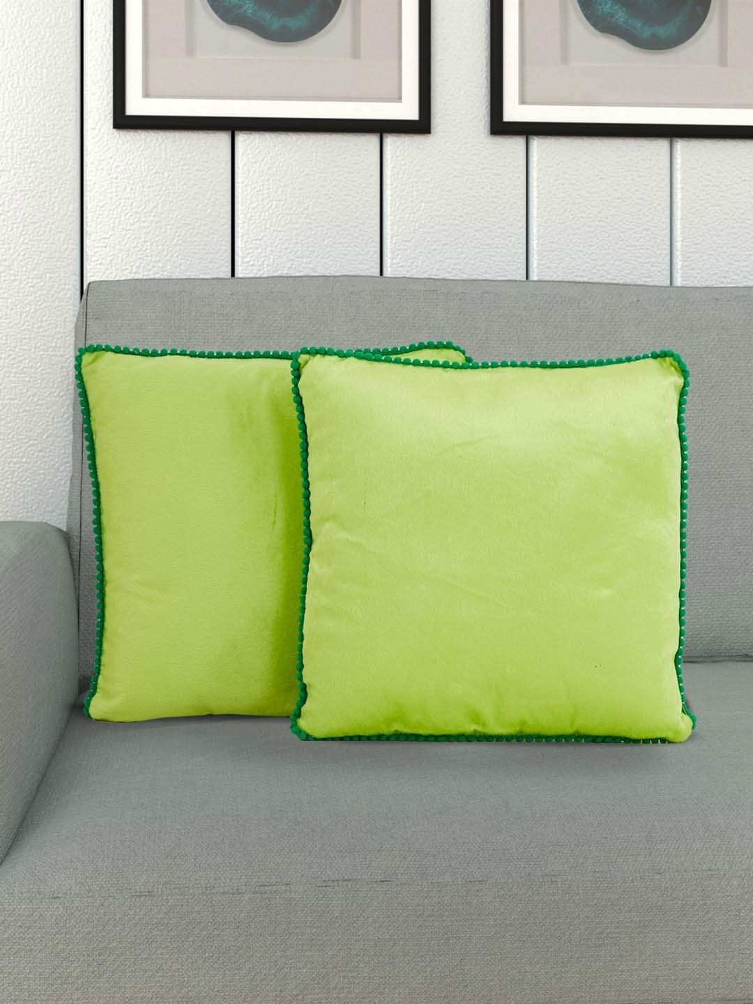 

Home Centre Set Of 2 Green Solid Pom-Pom Bordered Filled Cushions