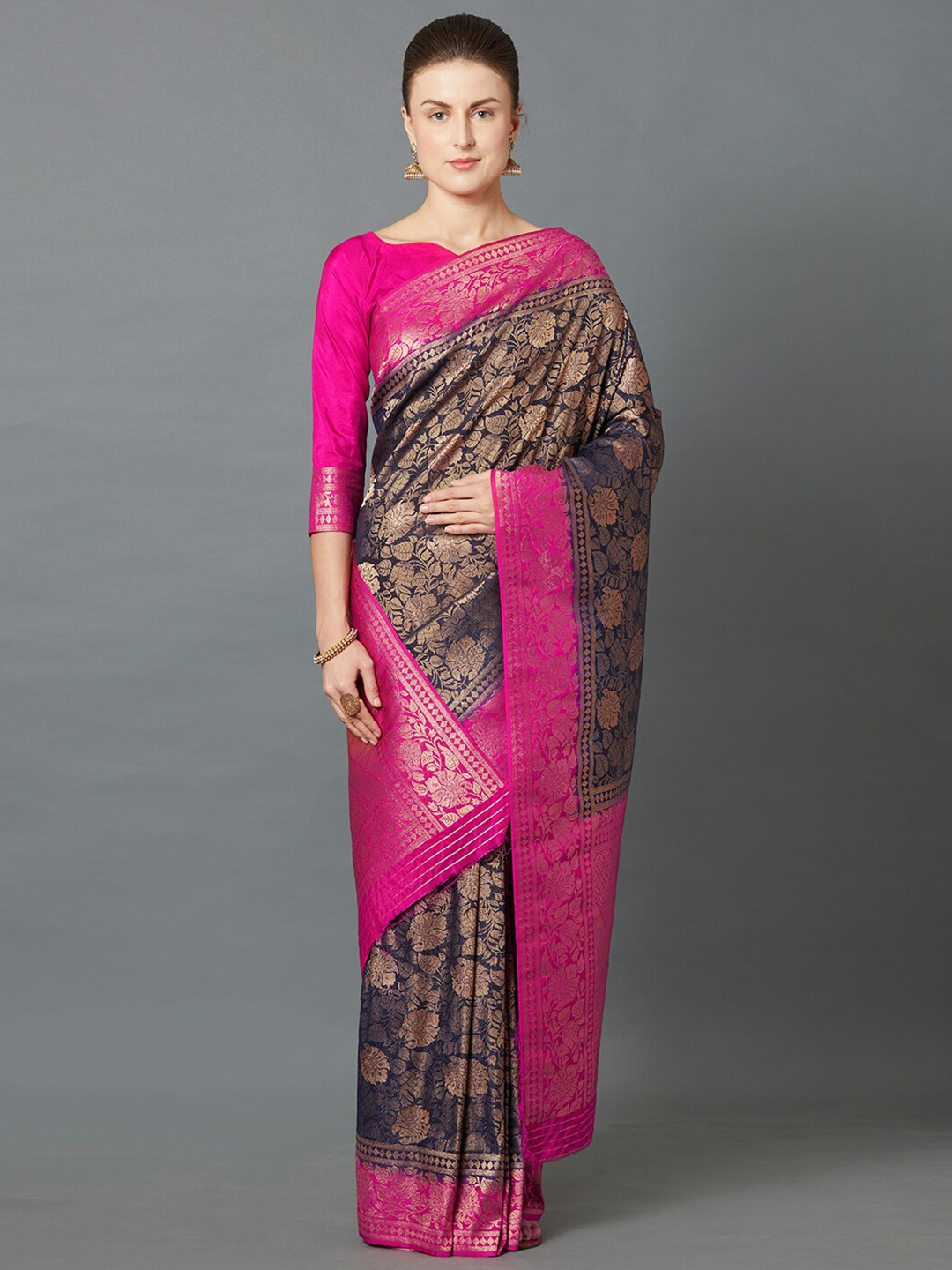

Mitera Navy Blue & Pink Floral Zari Silk Blend Banarasi Saree