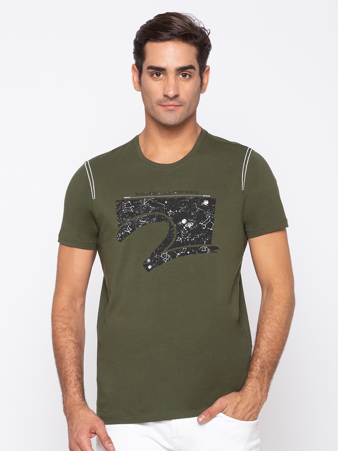 

SPYKAR Men Olive Green & Black Printed Slim Fit T-shirt