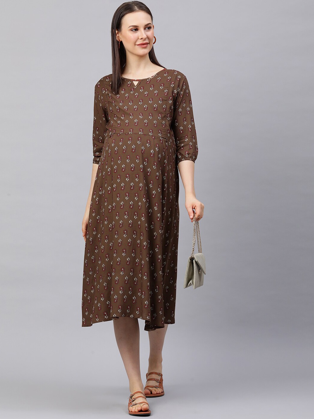 

MomToBe Women Brown Floral Printed Maternity Nursing A-Line Sustainable Dress