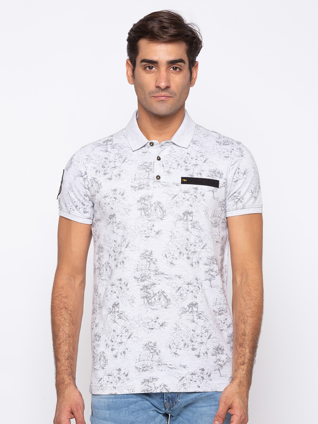 

SPYKAR Men Grey Graphic Printed Polo Collar Slim Fit T-shirt