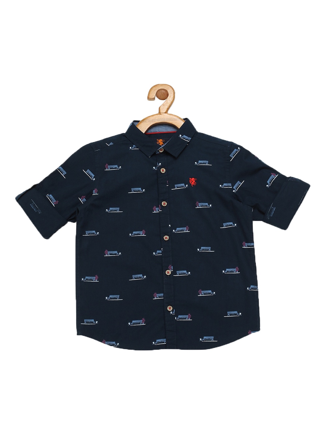 

URBAN SCOTTISH Boys Navy Blue Printed Cotton Casual Shirt