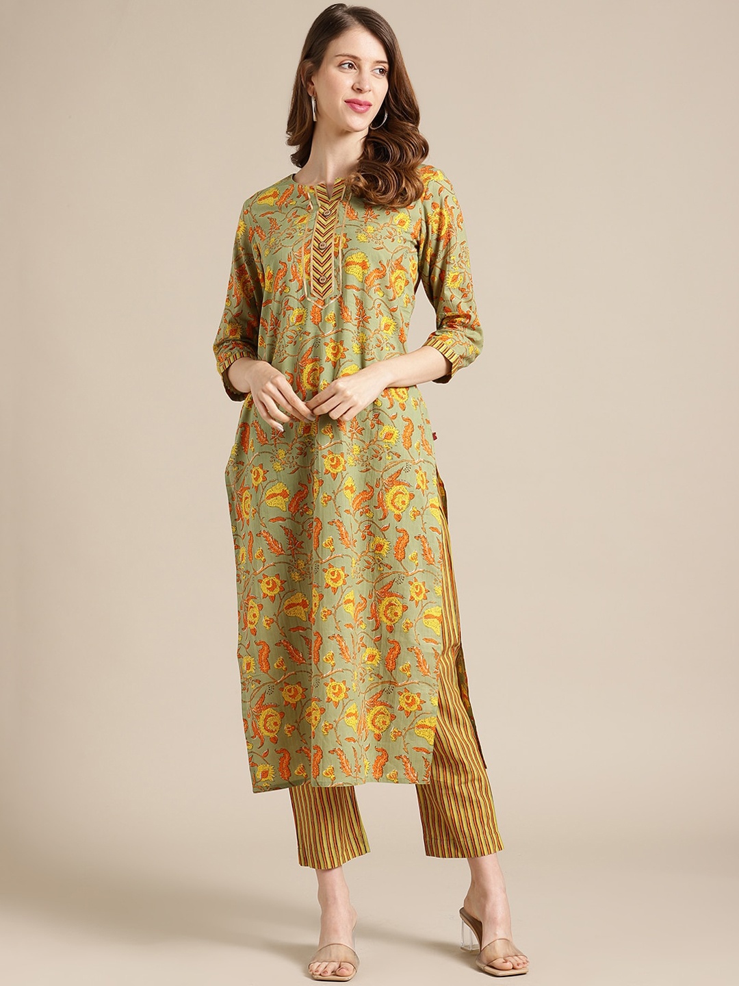 

KSUT Women Olive Green Floral Printed Pure Cotton Kurta with Trousers