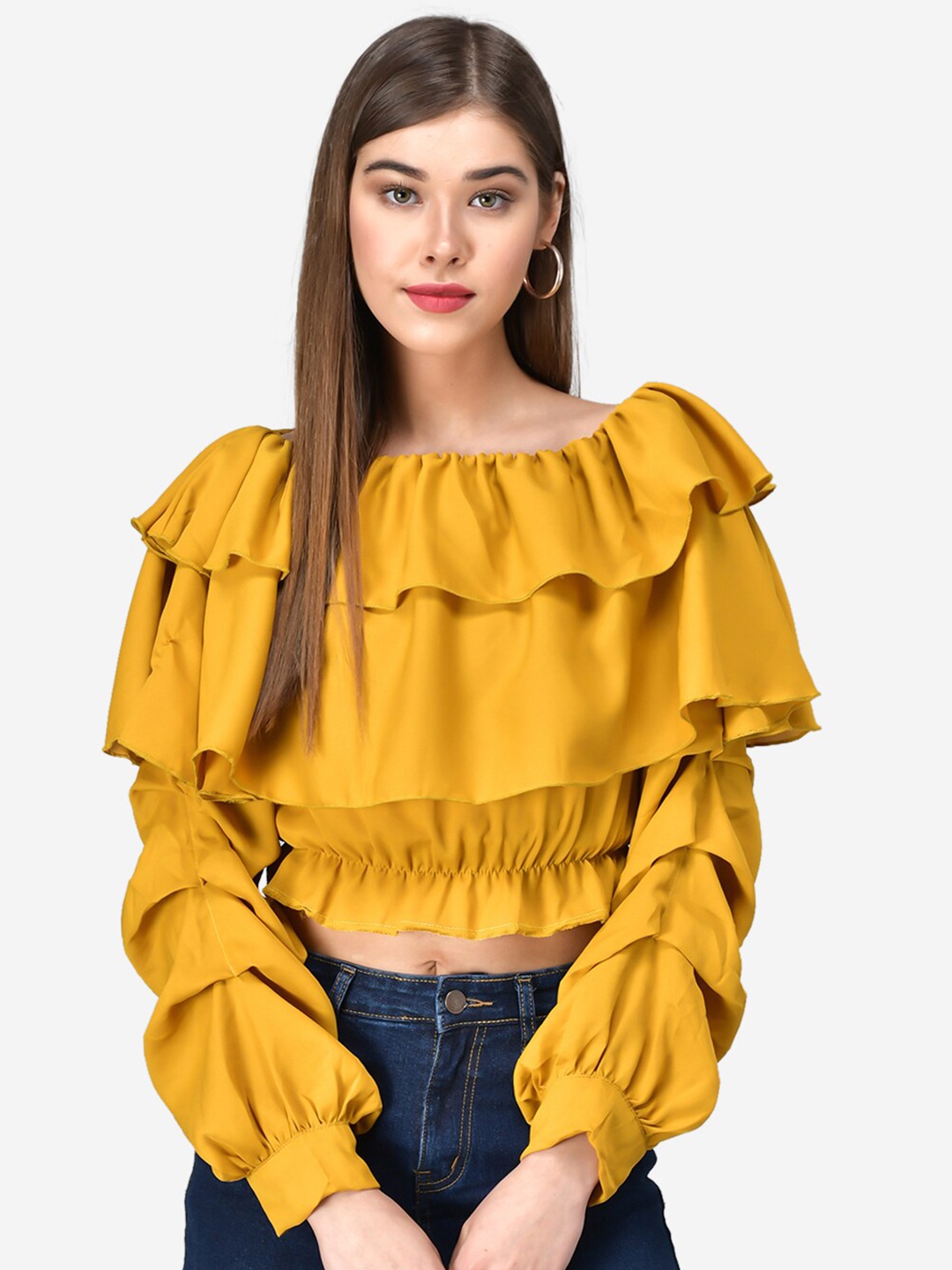 

Darzi Yellow Off-Shoulder Puff Sleeve Crepe Bardot Crop Top