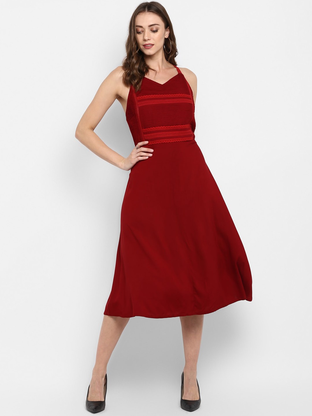 

DEEBACO Maroon Lace Detail Midi Dress