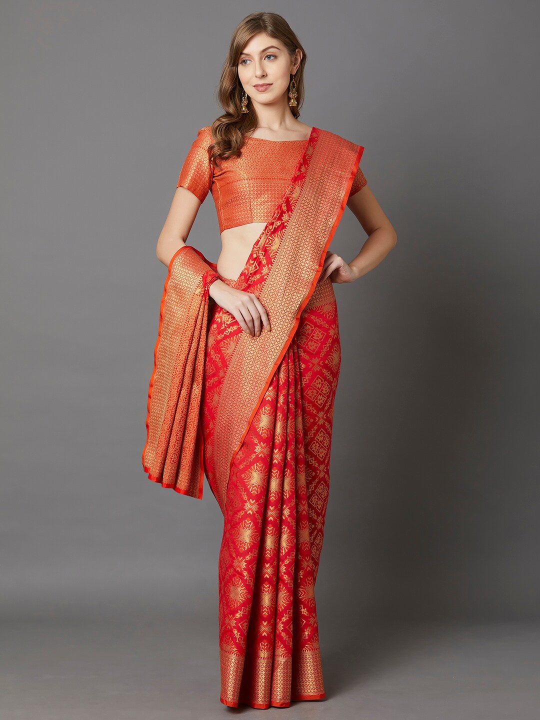 

Mitera Red & Gold-Toned Woven Design Zari Silk Blend Kanjeevaram Saree