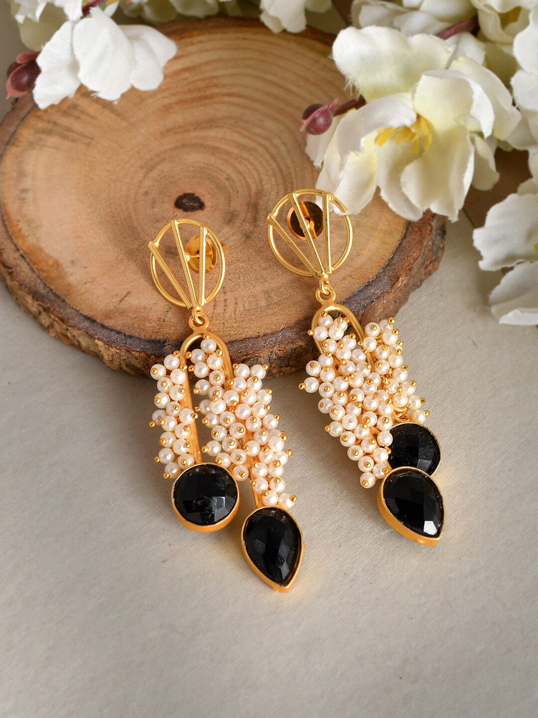 

Silvermerc Designs Black & Gold-Plated Contemporary Drop Earrings