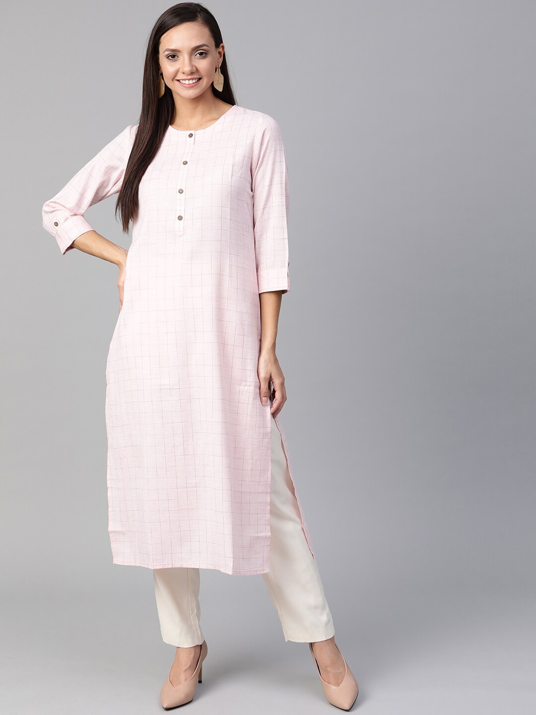 

KSUT Women Pink Round Neck Checked Pathani Kurta