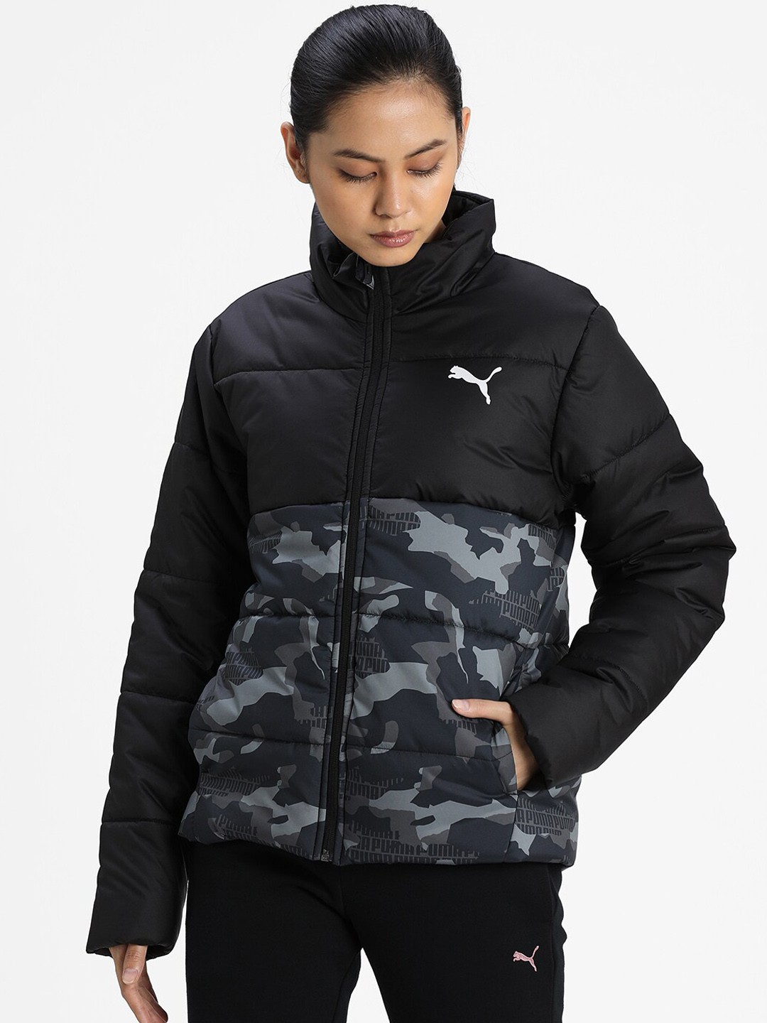 

Puma Women Black Camouflage ESS + Padded Graphics Jacket
