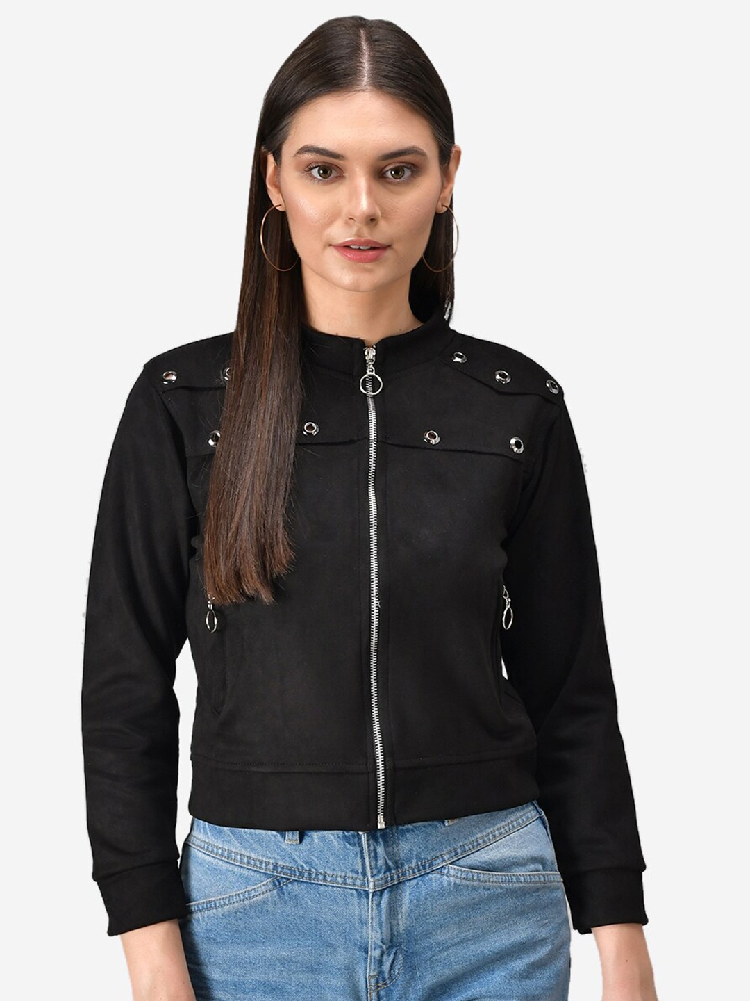

Darzi Women Black Solid Crop Bomber Jacket