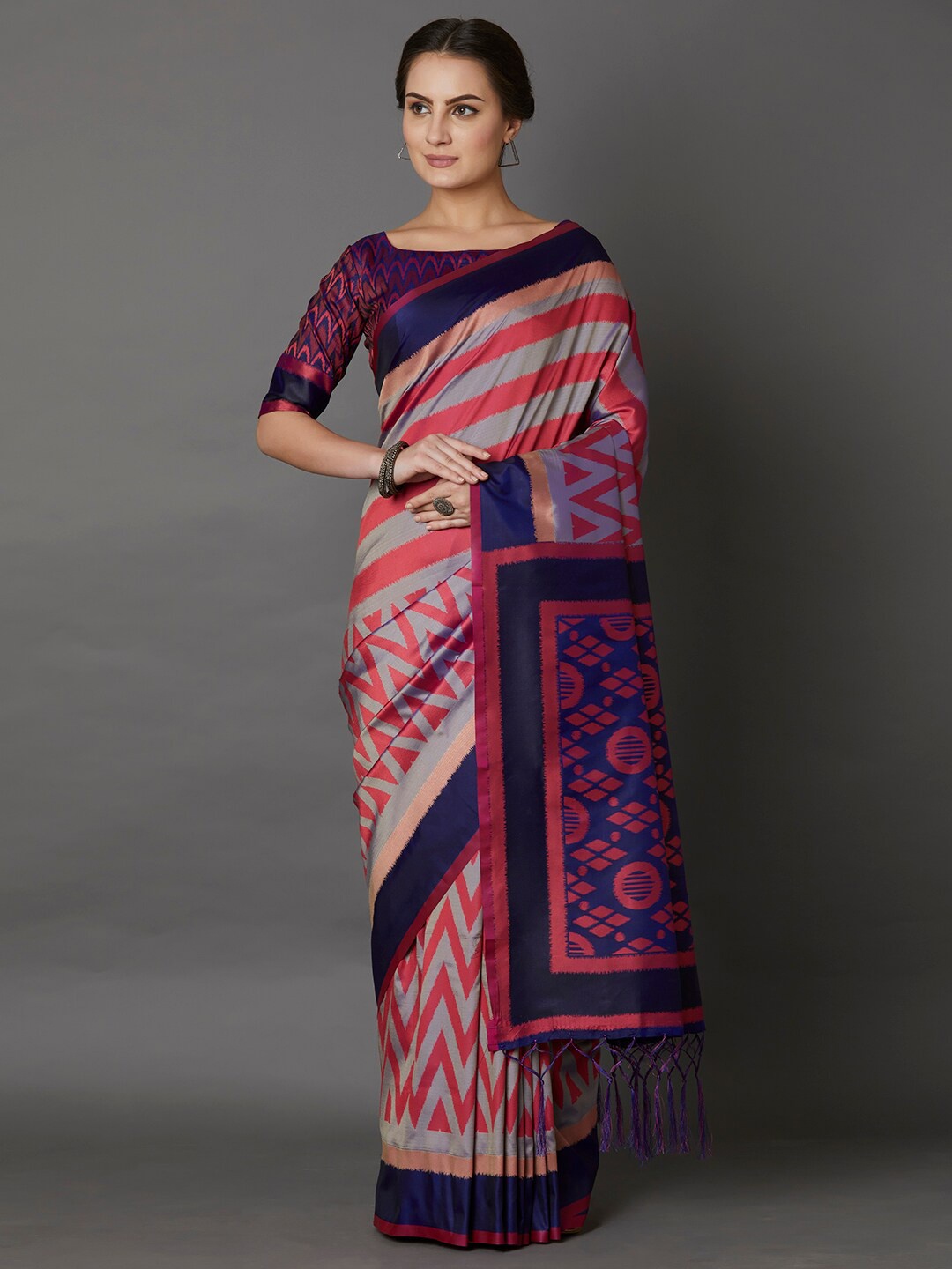 

Mitera Grey & Pink Silk Blend Saree