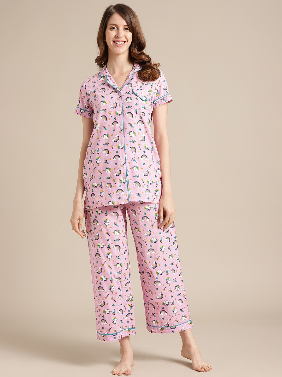 Varanga Women Pink & Green Printed Night suit