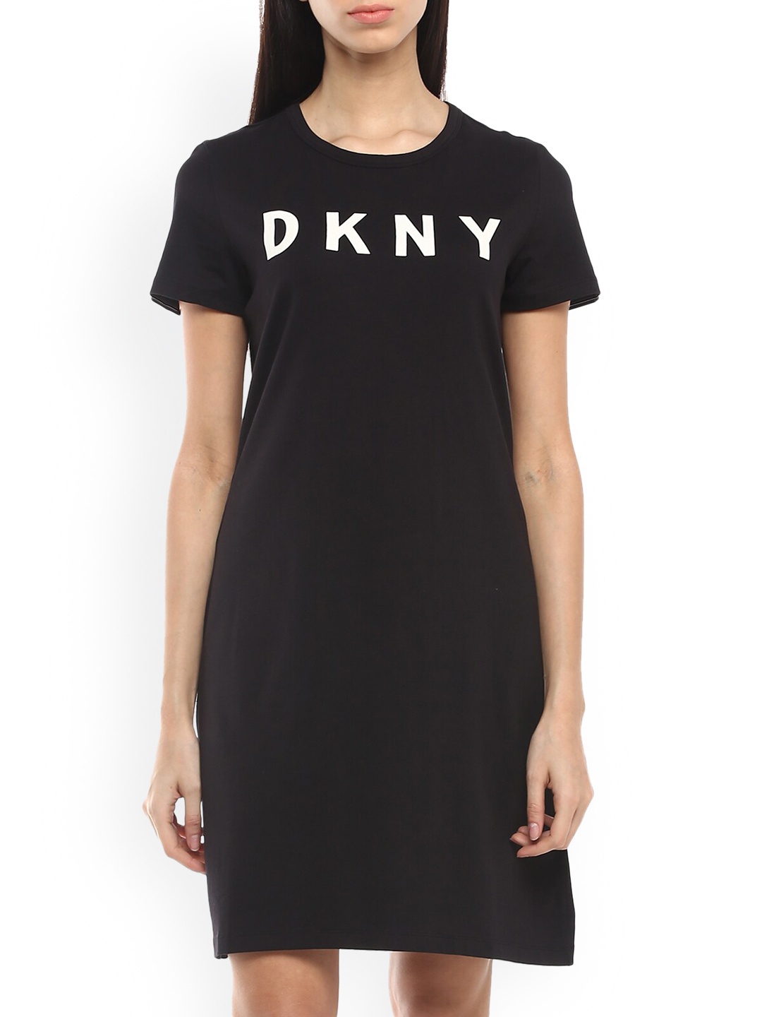 

DKNY Women Solid Black T-shirt Mini Dress
