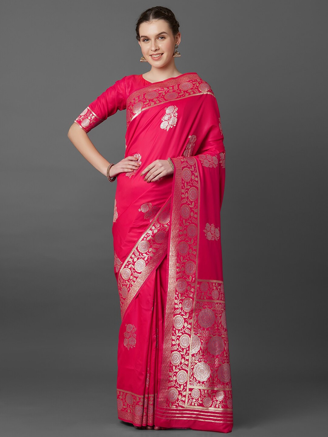 

Mitera Pink Ethnic Motifs Zari Silk Blend Banarasi Saree