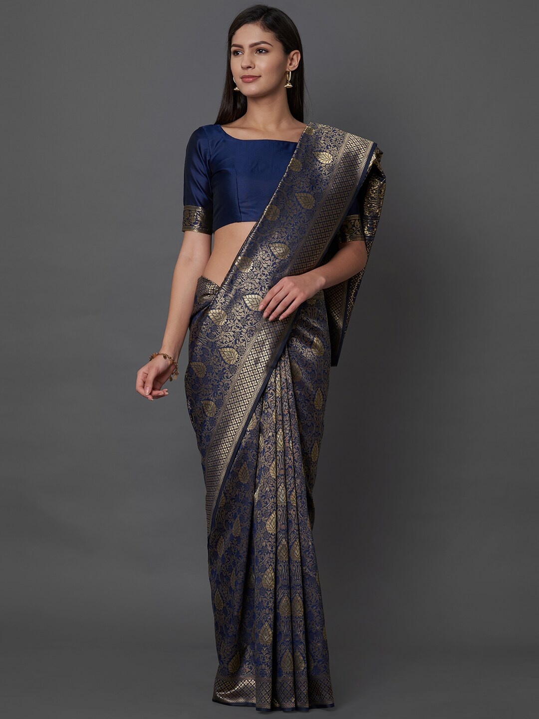 

Mitera Navy Blue & Gold-Toned Woven Design Silk Blend Banarasi Saree