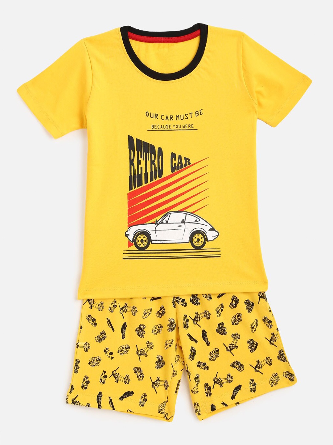 KIDSCRAFT Boys Yellow & Black Printed T-shirt with Shorts