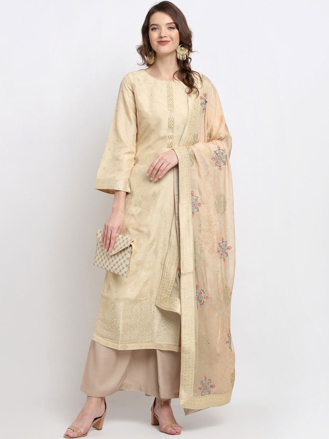 Stylee LIFESTYLE Beige & Blue Unstitched Dress Material