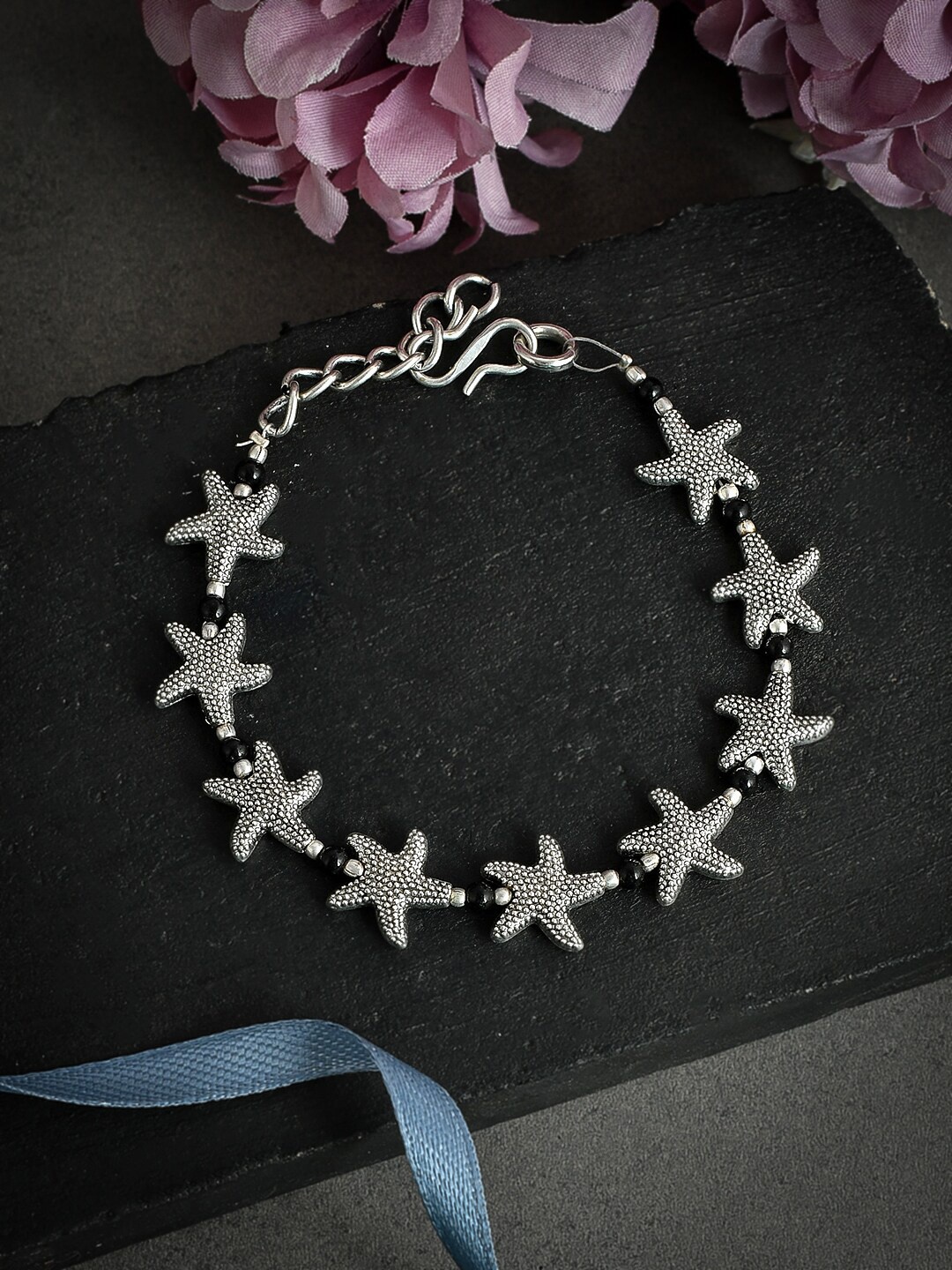 

Silvermerc Designs Silver-Plated Black Beaded Starfish Beach Antique Anklet