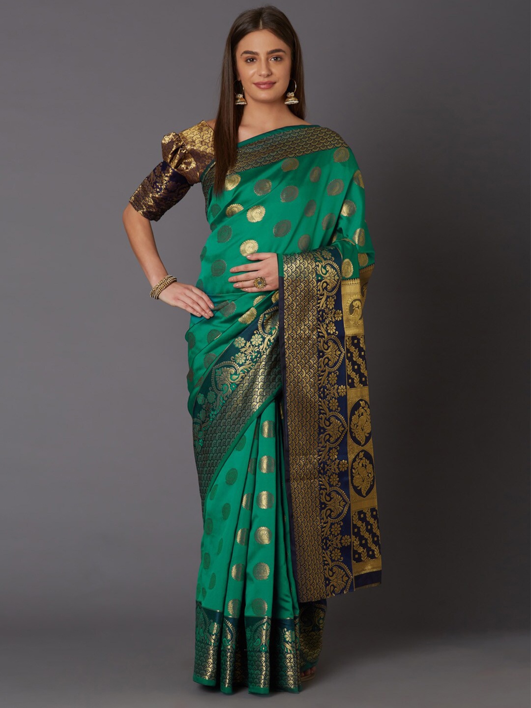 

Mitera Green & Navy Blue Woven Design Zari Silk Blend Banarasi Saree