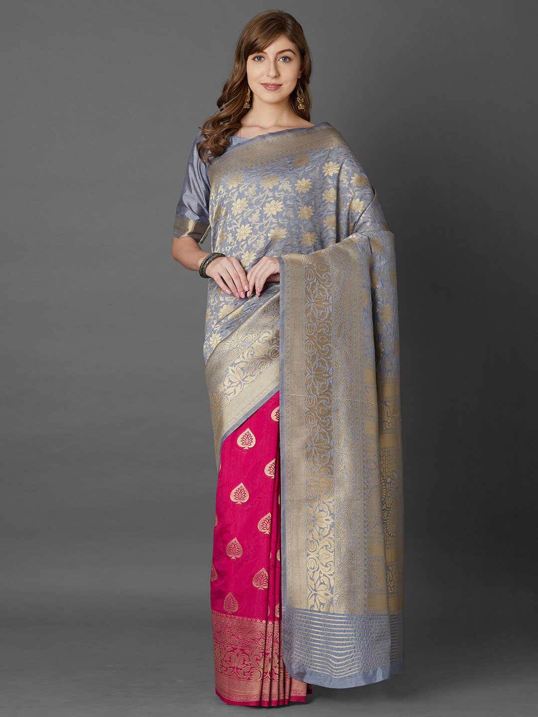 

Mitera Grey & Pink Woven Design Zari Silk Blend Half and Half Banarasi Saree