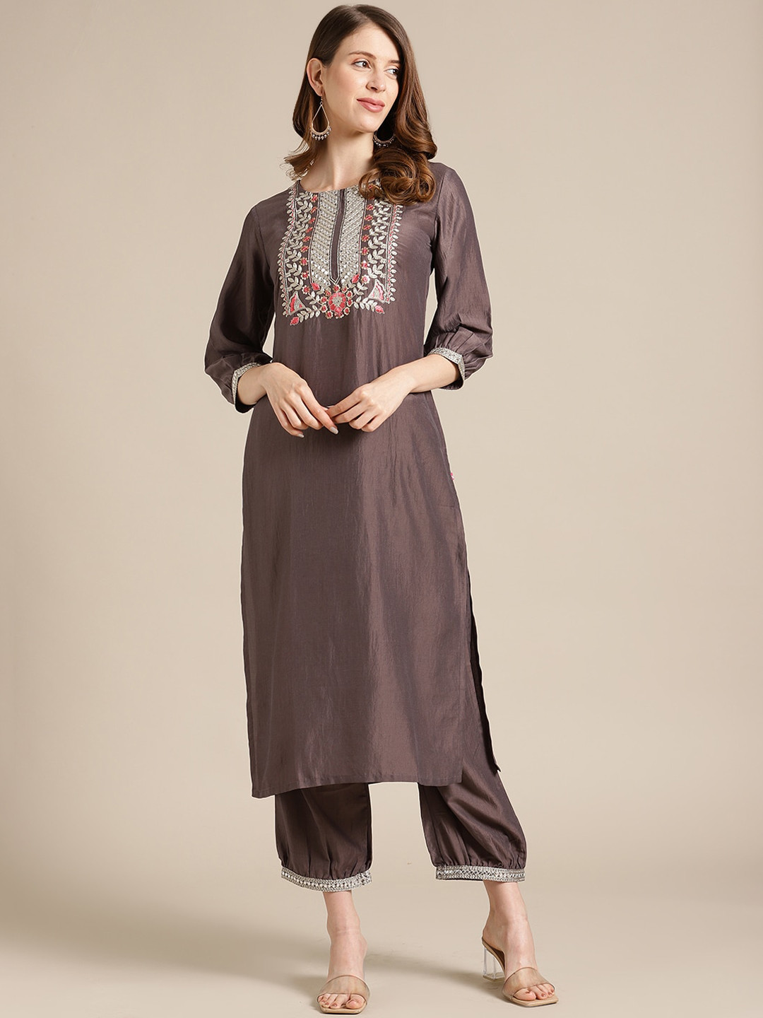 

Varanga Women Charcoal Ethnic Motifs Yoke Design Thread Work Kurta with Palazzos
