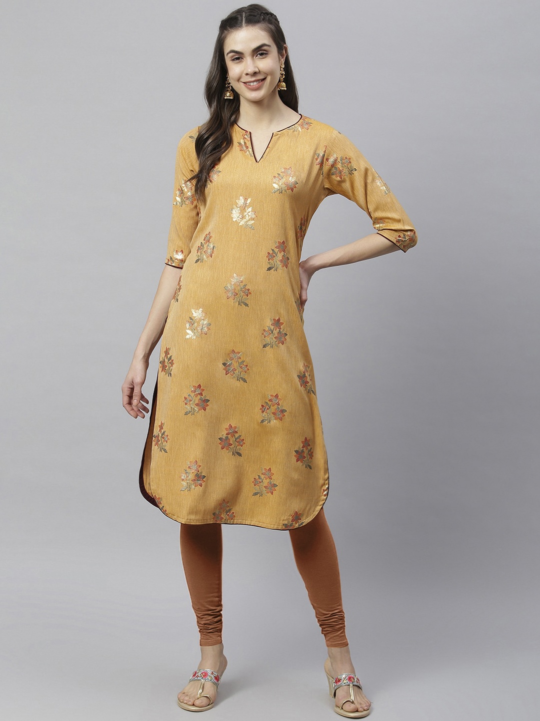 

HK colours of fashion Women Gold Floral Printed Gotta Patti Pathani Kurta
