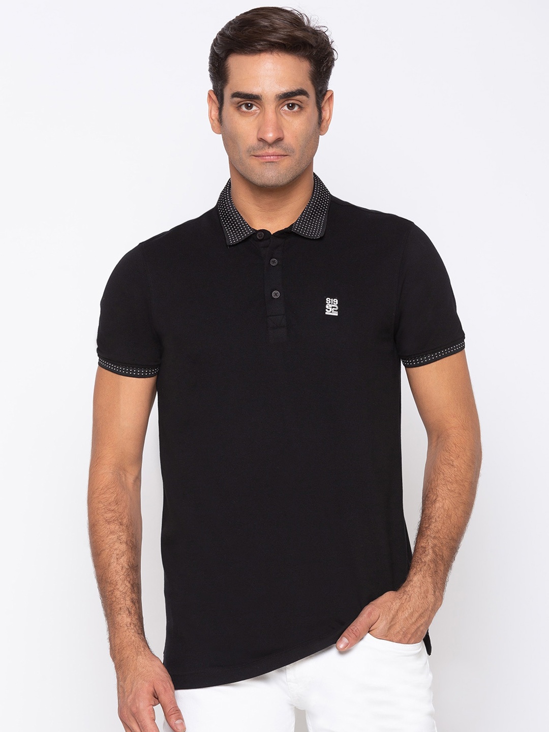 

SPYKAR Men Black Polo Collar Applique Slim Fit T-shirt