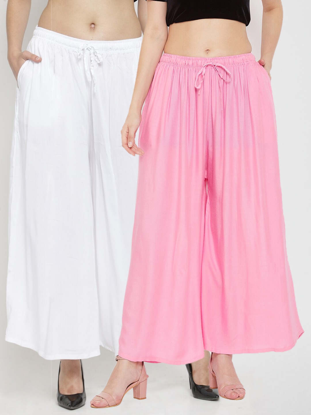 Clora Creation Women Pack Of 2 Pink & White Flared Knitted Ethnic Palazzos