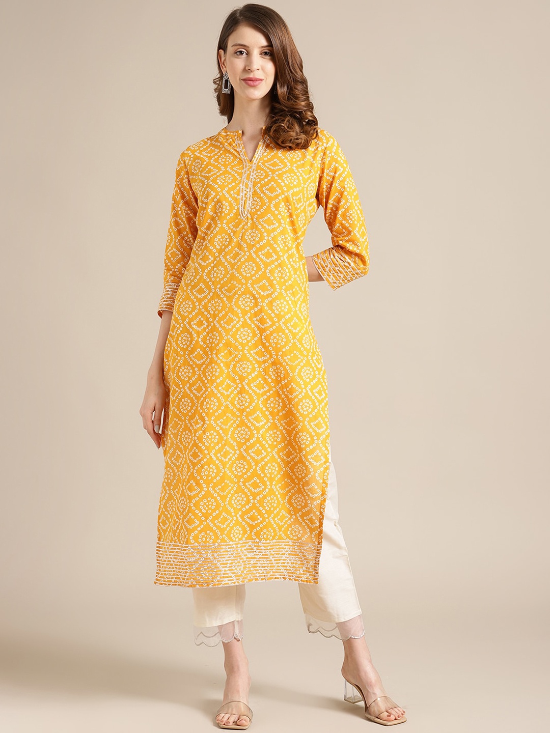 

Varanga Women Mustard Yellow Bandhani Printed Gotta Patti Kurta
