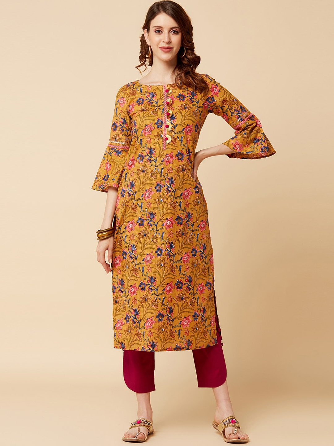 

Varanga Women Mustard Yellow & Red Floral Printed Thread Work Cotton Kurta