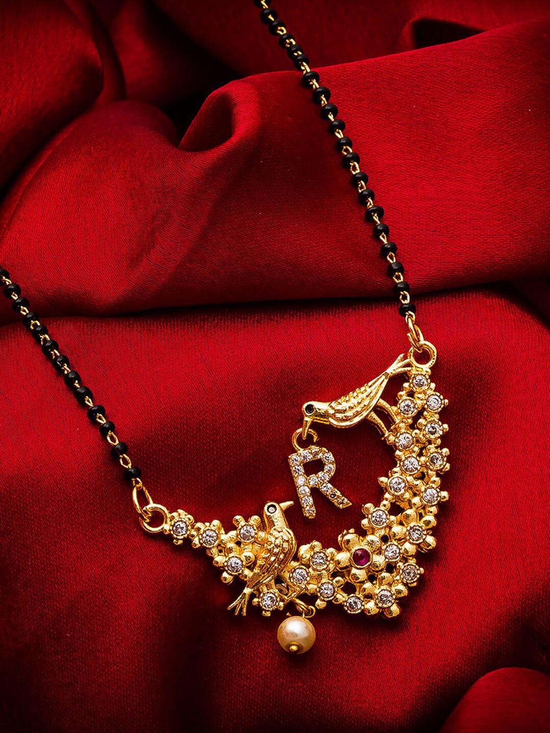 

aadita Gold-Plated Black & White AD-Studded & Beaded Alphabet Initials Letter R Mangalsutra