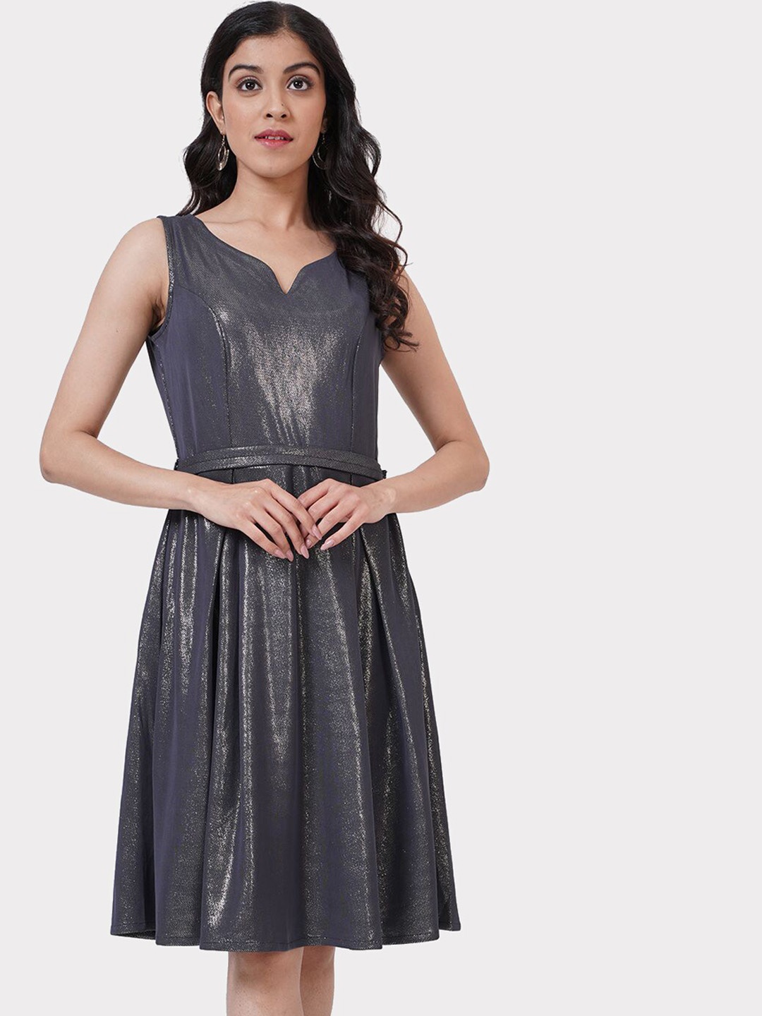 

SHECZZAR Navy Blue Self Design Fit & Flare Dress