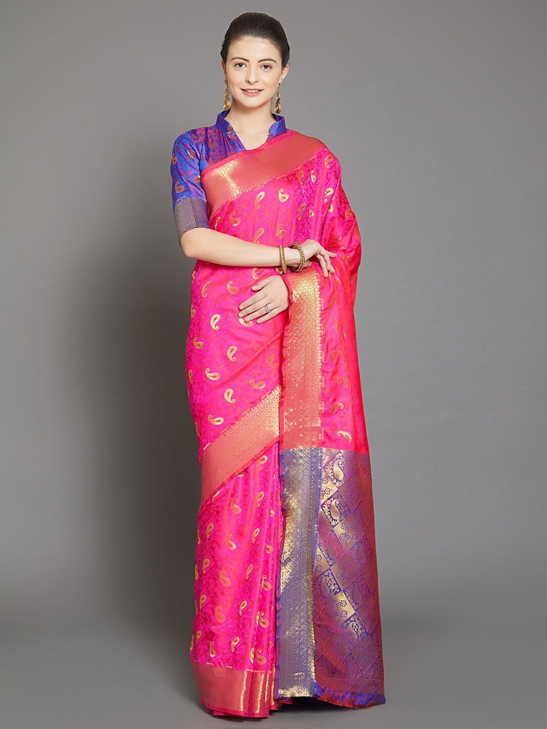 

Mitera Pink & Blue Ethnic Motifs Gotta Patti Silk Blend Banarasi Saree
