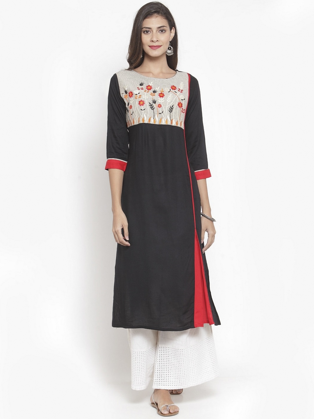 

KSUT Women Black & Red Yoke Design Embroidered A-line Kurta