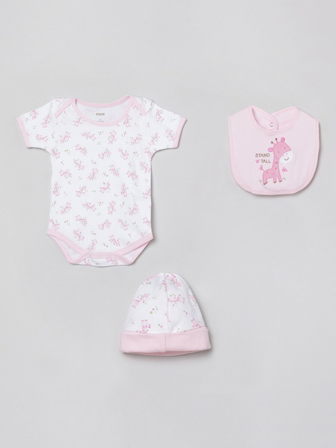 

maxGirls Infants White & Pink Printed Romper With Bib & Beanie