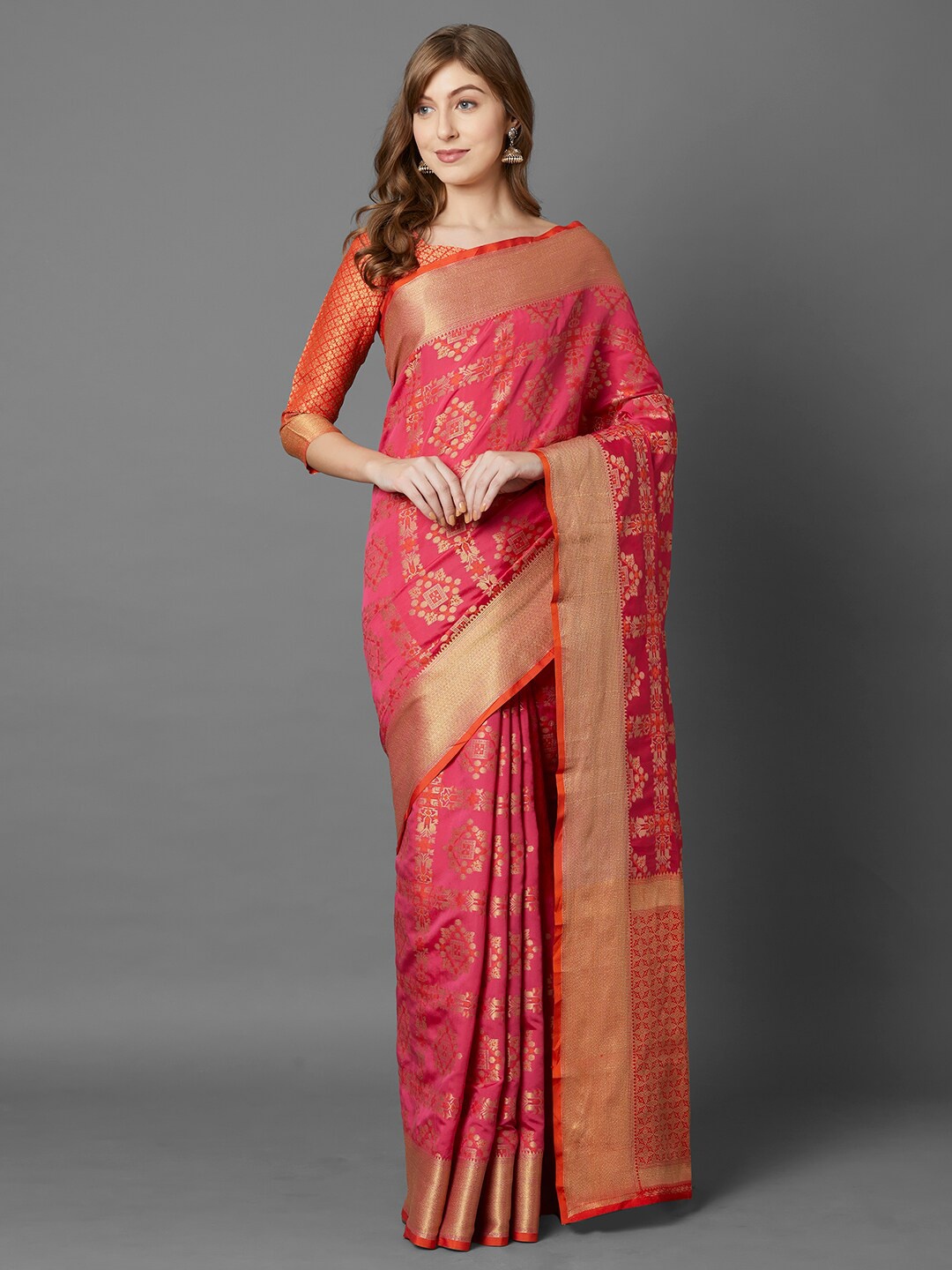 

Mitera Pink & Orange Ethnic Motifs Zari Silk Blend Kanjeevaram Saree