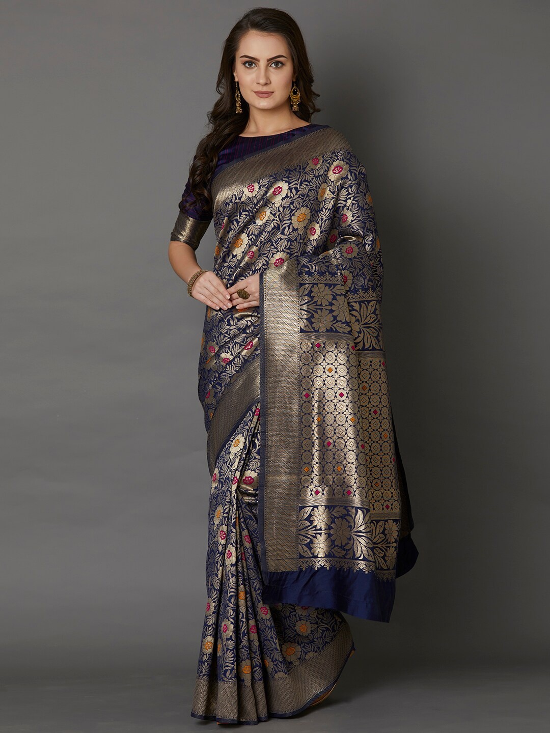 Mitera Navy Blue Floral Zari Silk Blend Banarasi Saree